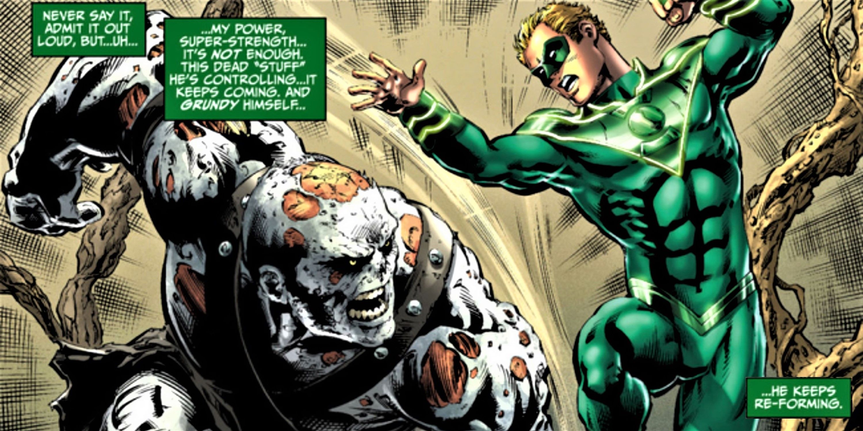 Alan Scott fights Solomon Grundy, who keeps regrouping after his death