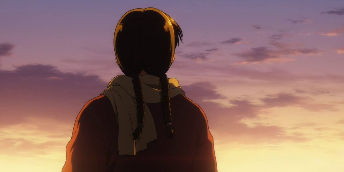 A behind view of Gudrid from the Vinland Saga anime, as she watches the sun set