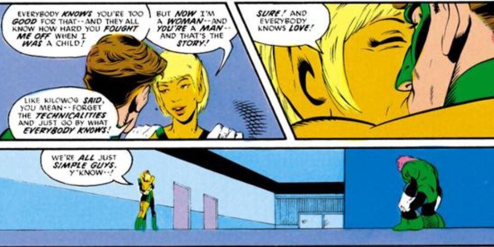 Kilowog catching Hal Jordan kissing teenage Arisia in DC Comics.