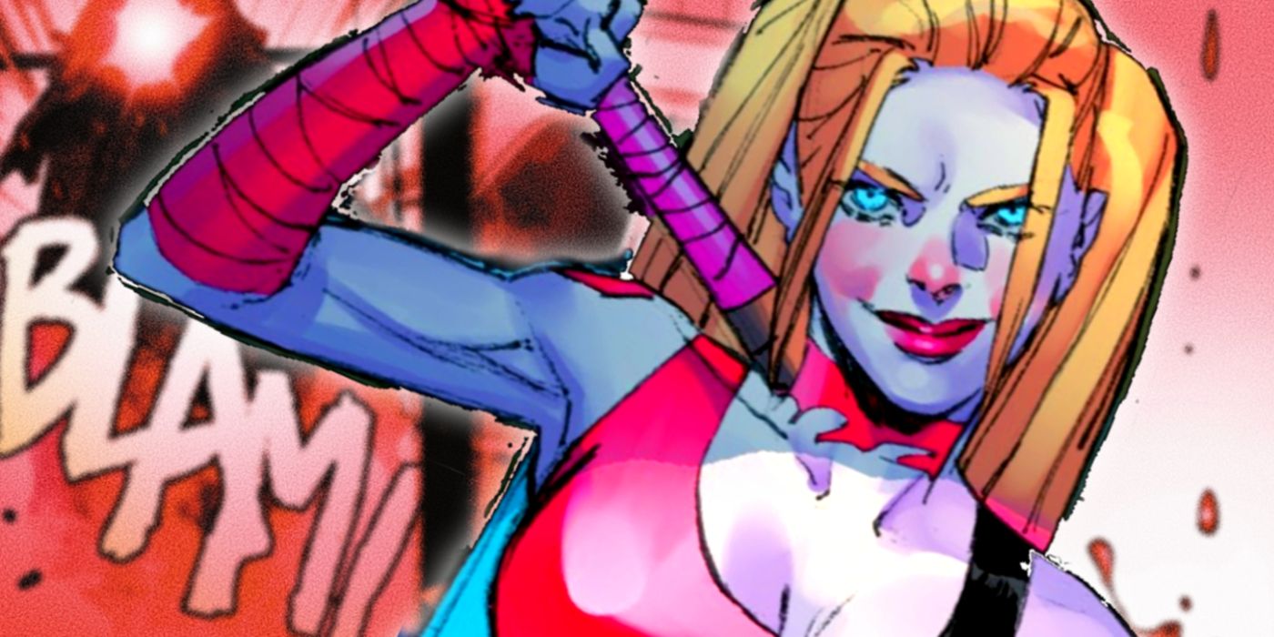 Harley Quinn smiling, baseball bat in hand, in DC Comics