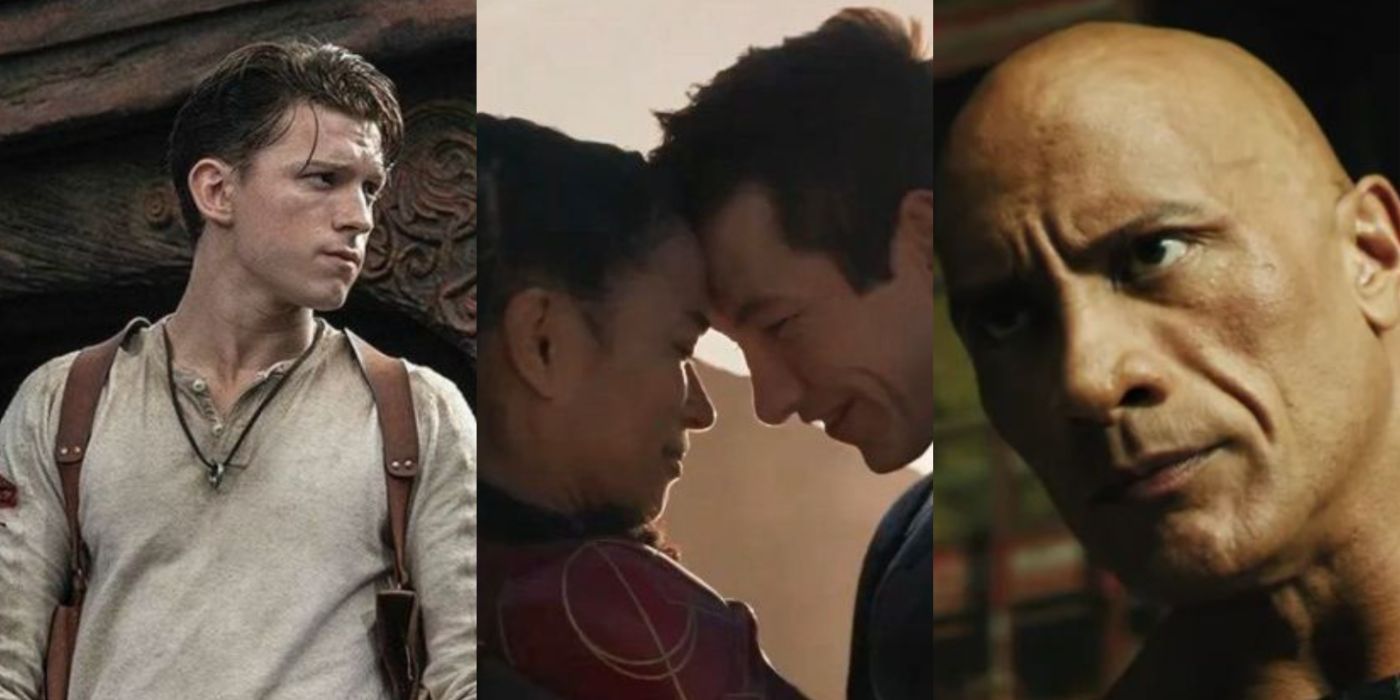 Header image depicting images from movies Uncharted, Eternals, and Black Adam