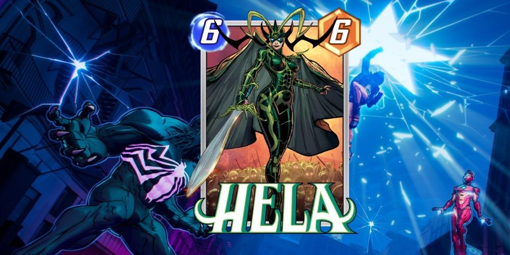 The Hela card in Marvel Snap on top of promotional art for the game