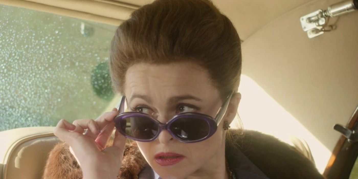 Helena Bonham Carter as Princess Margaret looking over her sunglasses in The Crown