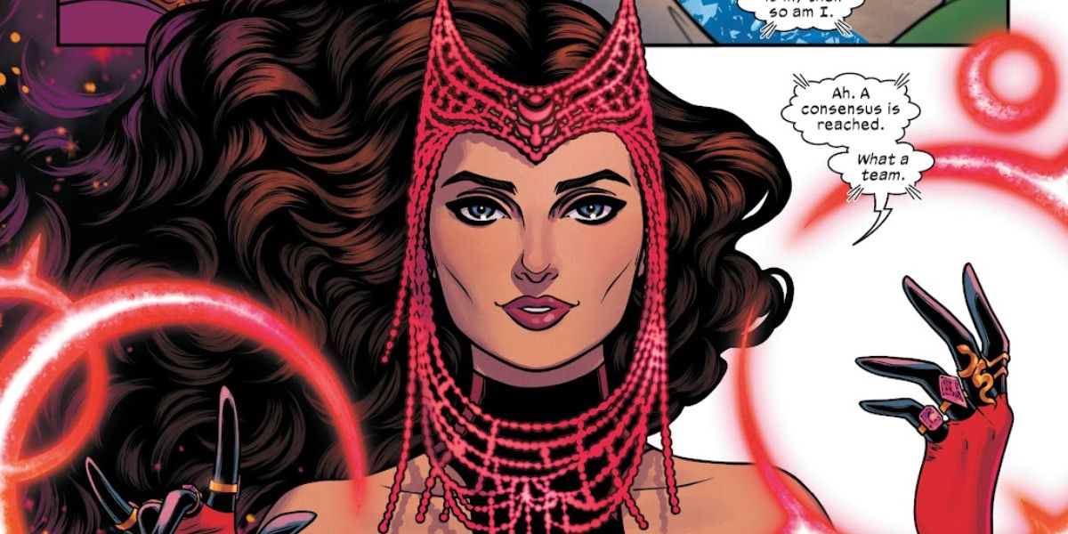 Hellfire Gala Scarlet Witch with headdress in Marvel Comics.