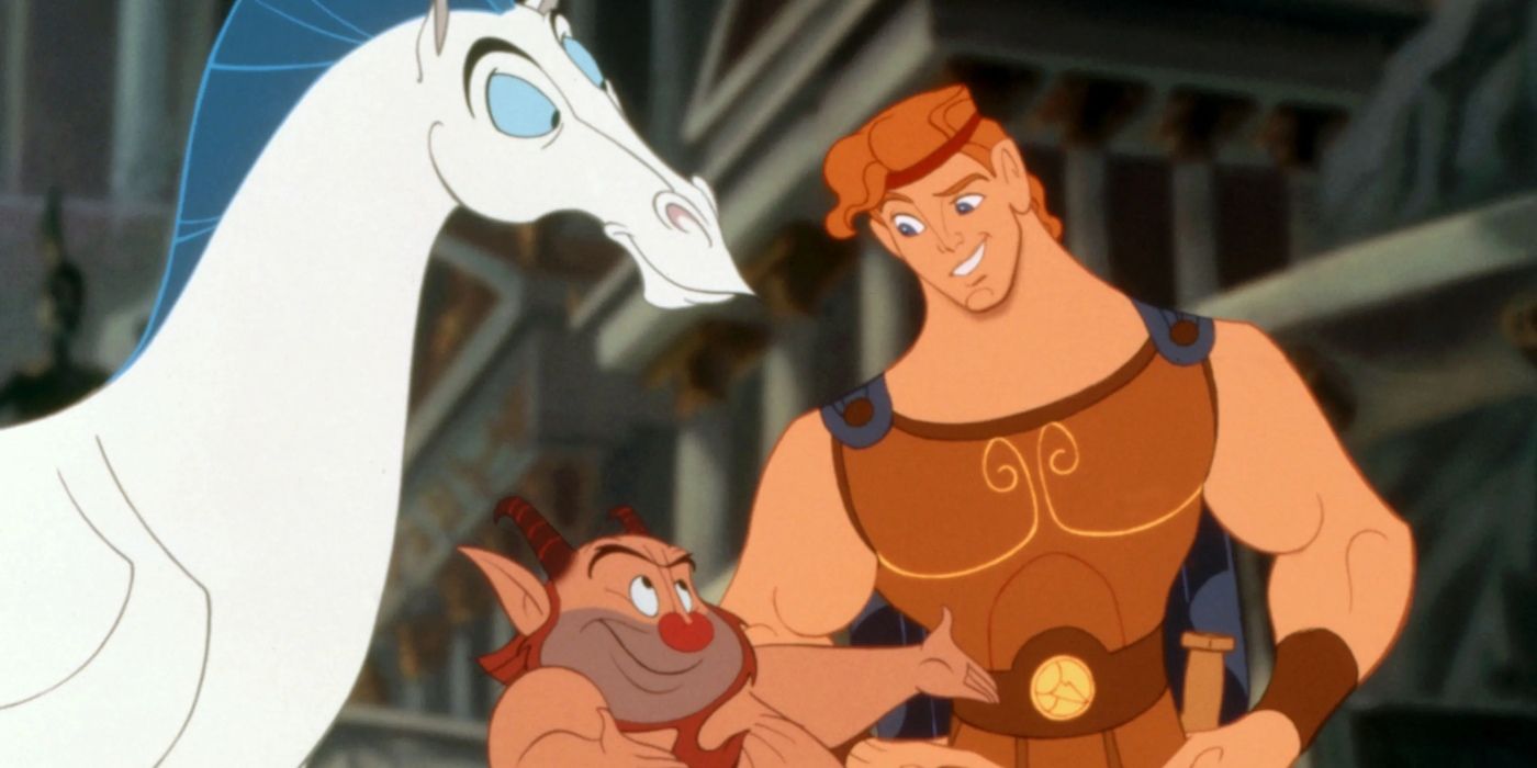 Hercules with Pegasus and Phil in the Hercules Disney movie.