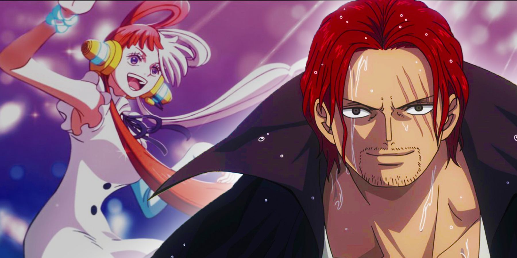One Piece Film: Red Shanks facing the screen and Uta singing in the background 