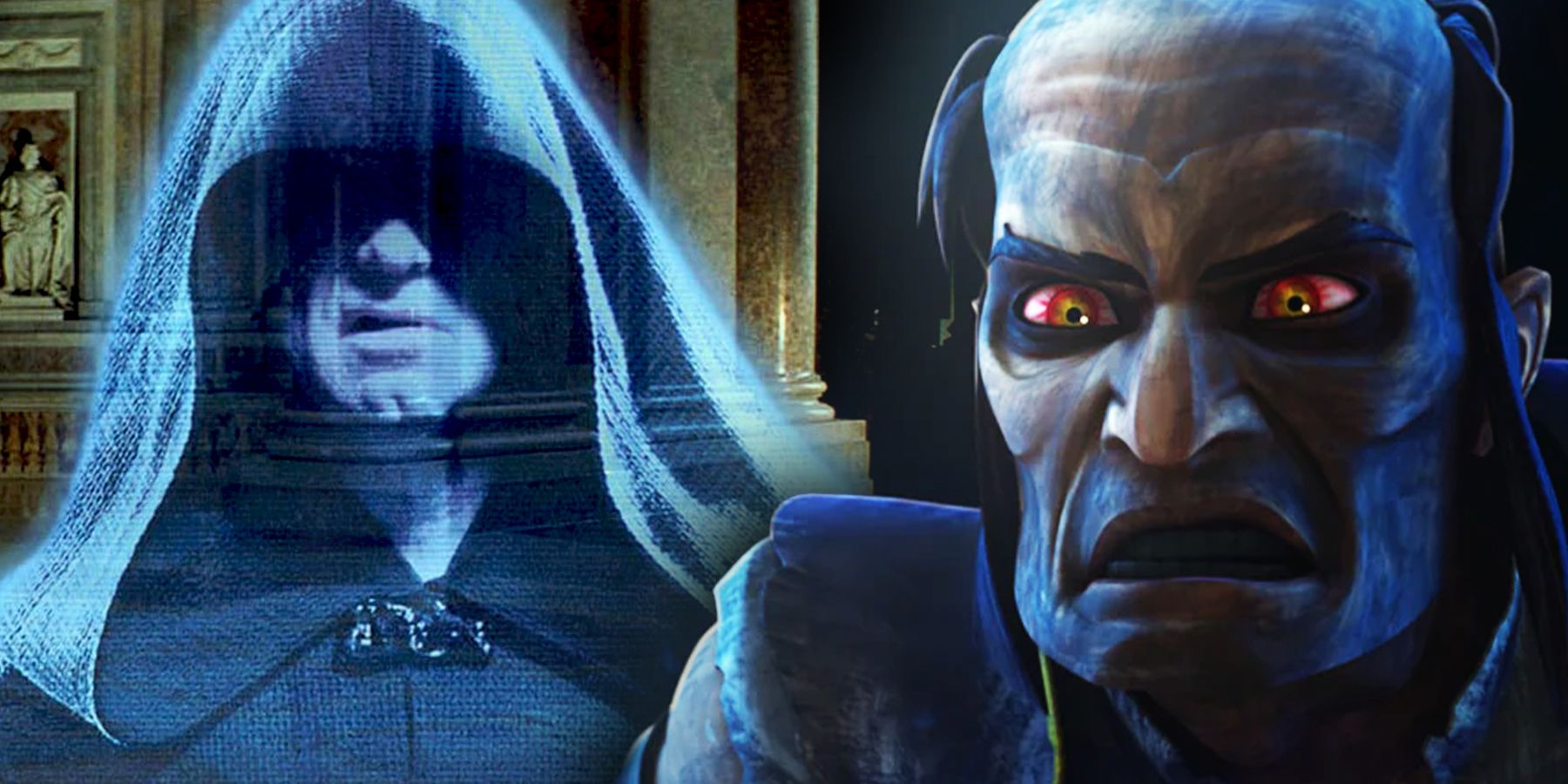 Sifo-Dyas with red eyes next to a hologram of Darth Sidious.