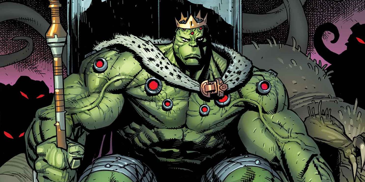 The Hulk with a crown and scepter sits on a throne in Marvel Comics