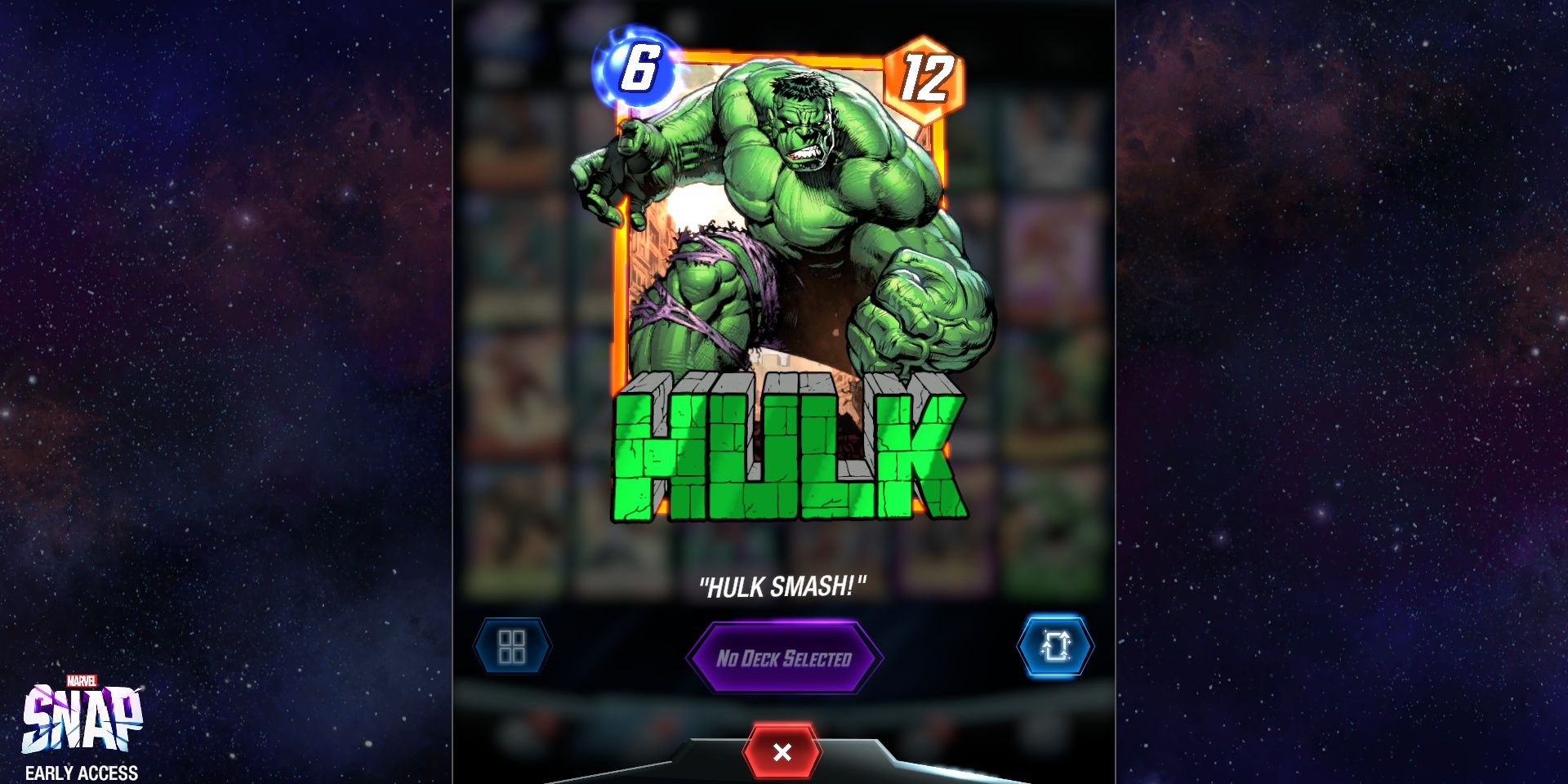 The Hulk card in Marvel Snap on top of promotional art 