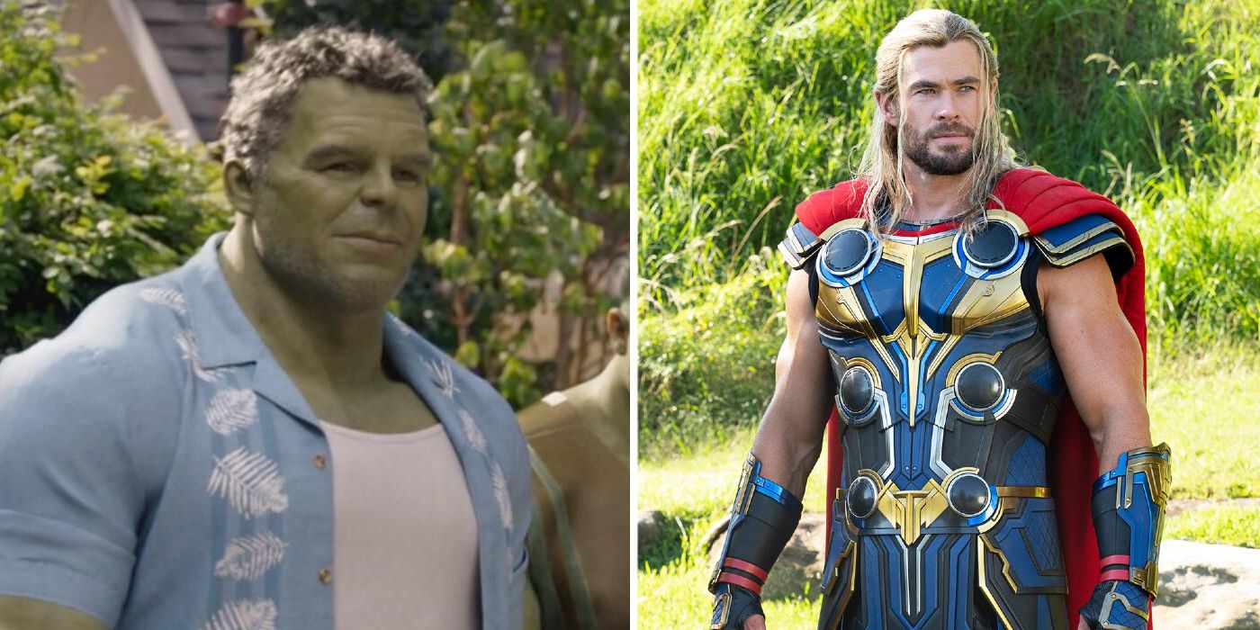 A split image of the Hulk in She-Hulk and Thor standing in a field in the MCU