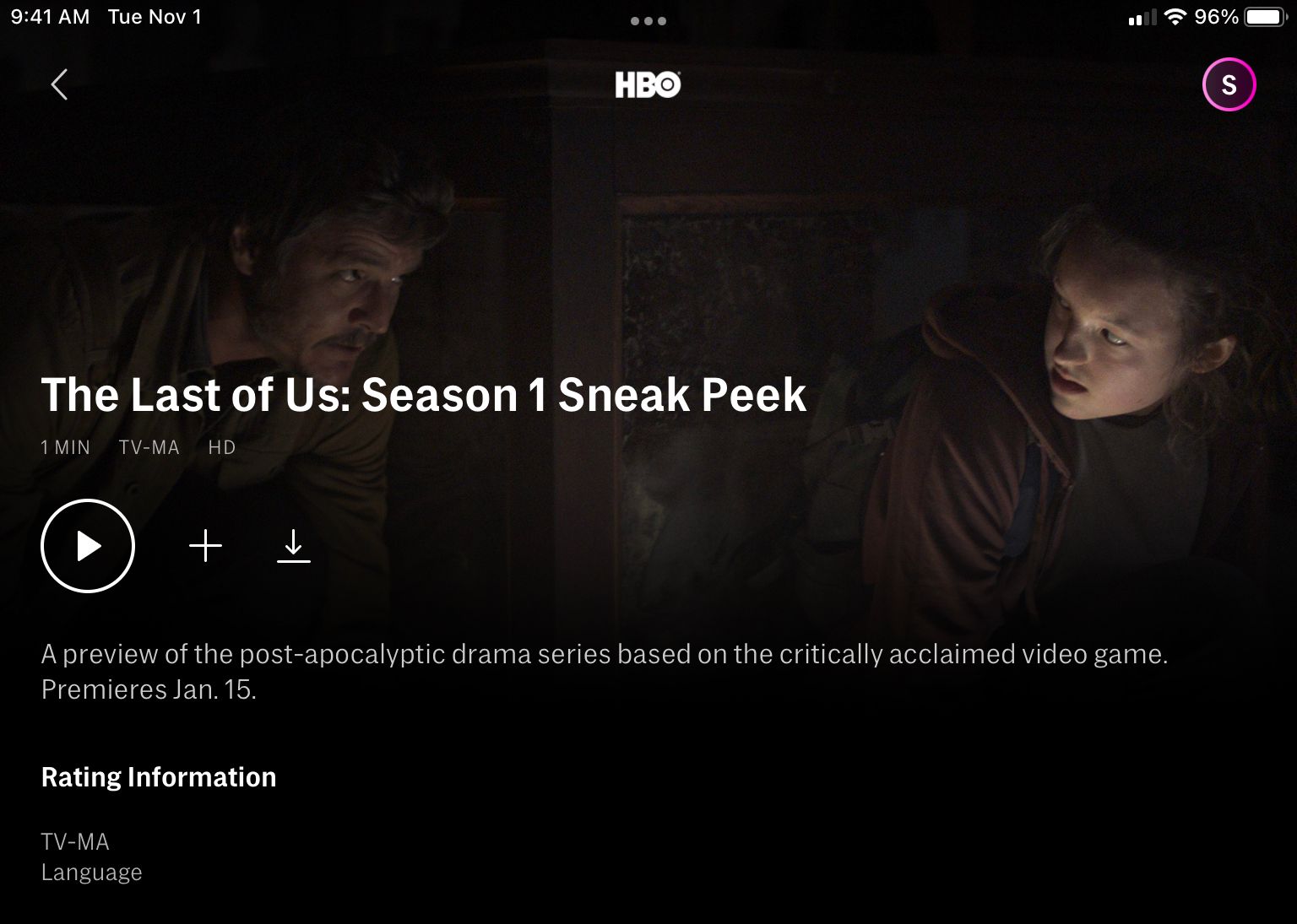 A Screenshot of the HBO Max page for The Last of Us