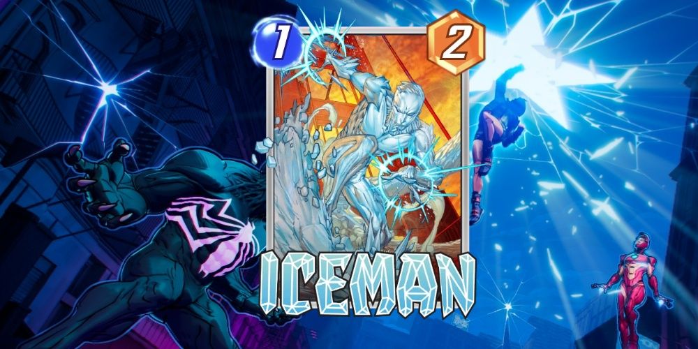 Iceman card from Marvel Snap over promotional art.
