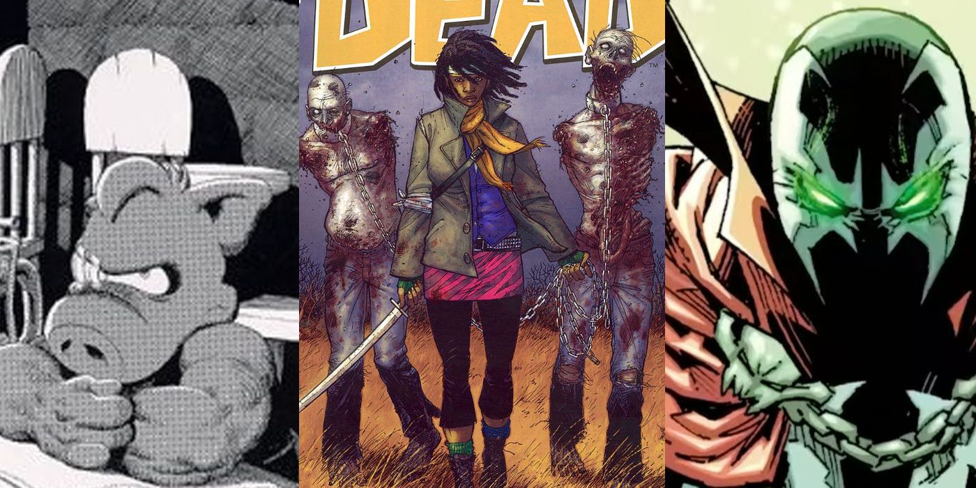 A split image of Cerebus the Aardvark, Michonne with two zombies, and Spawn in Image Comics