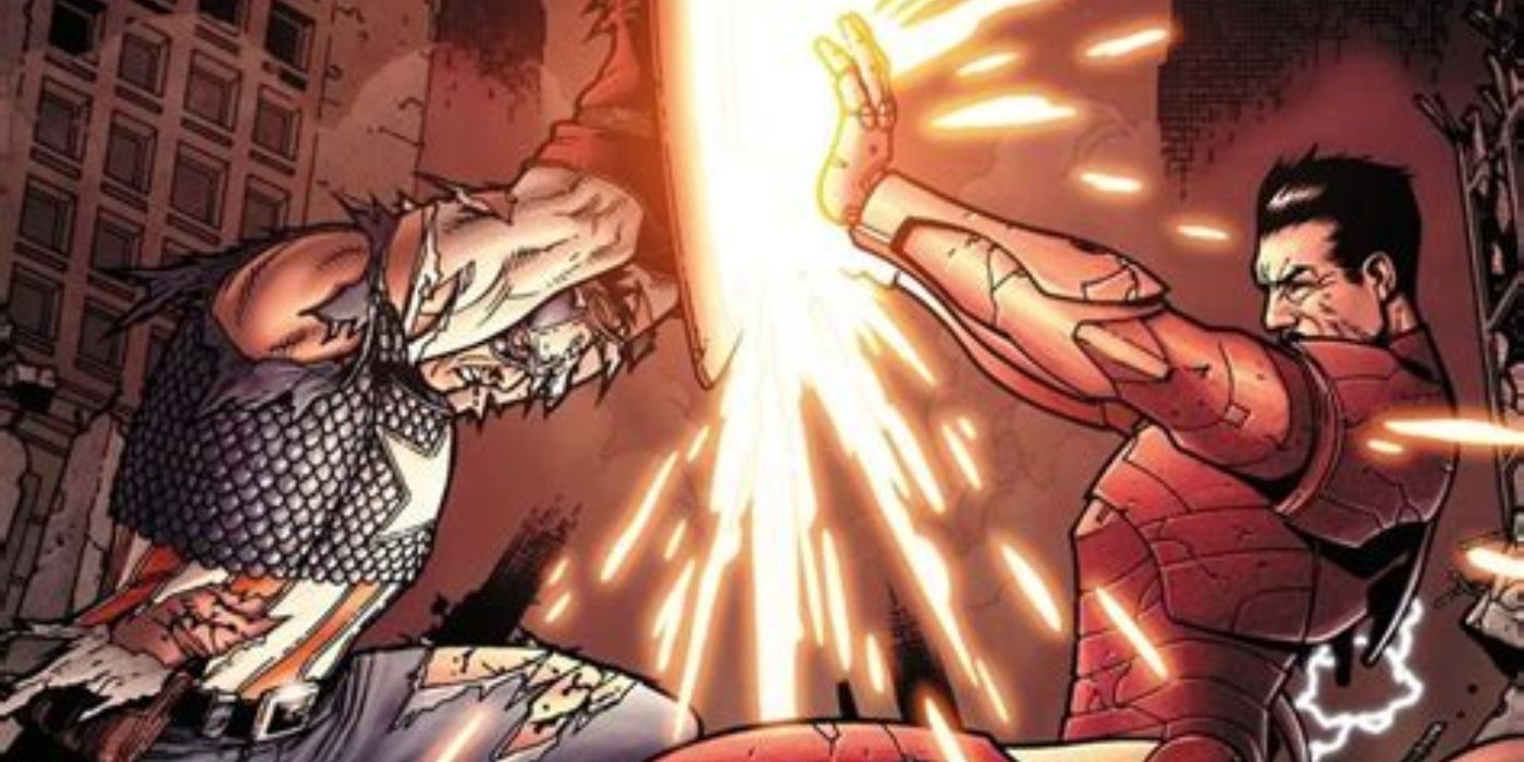 Iron Man and Captain America battle in Marvel's superhero Civil War in Marvel Comics