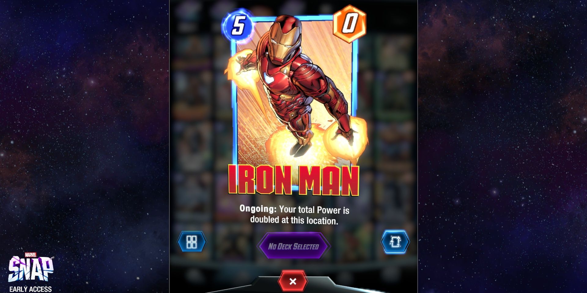 The Iron Man card in Marvel Snap on top of promotional art in a split image