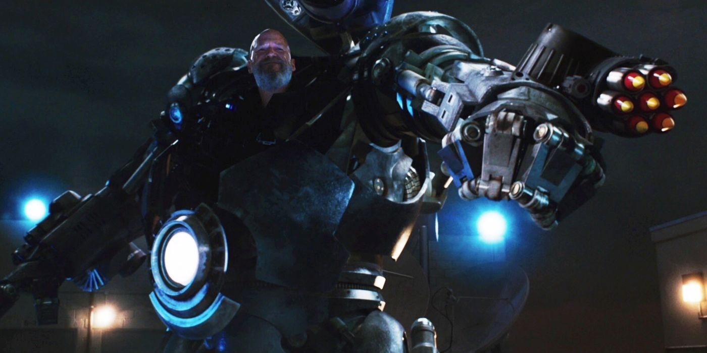 Obadiah Stane firing weapons from his Iron Monger suit in Iron Man movie