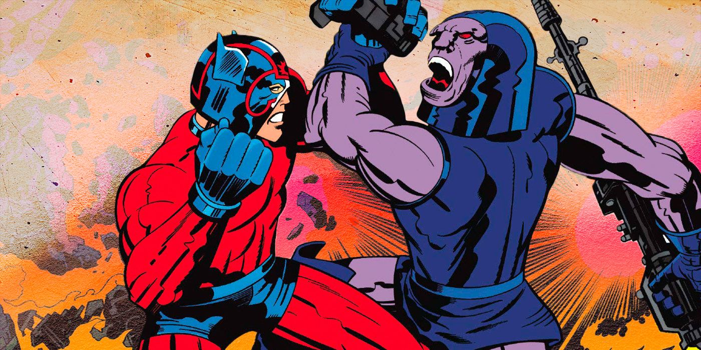 Darkseid engages in a fist fight with Orion in a panel drawn by Jack Kirby from his New Gods series.