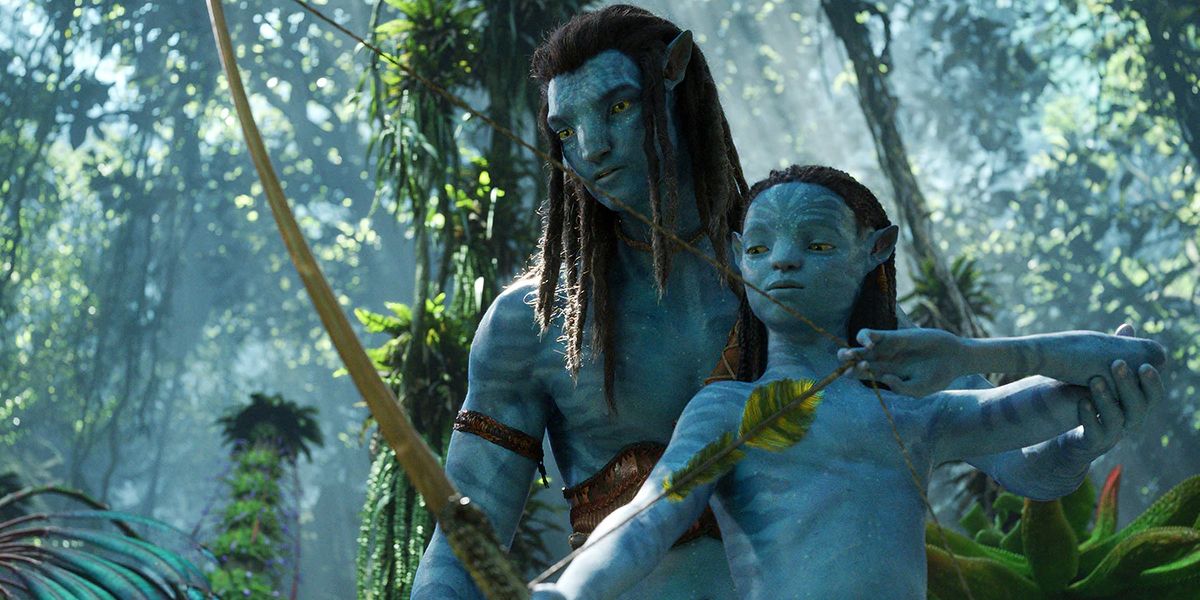 Jake Sully, played by Sam Worthington, and Kiri, played by Sigourney Weaver, in Avatar The Way of the Water
