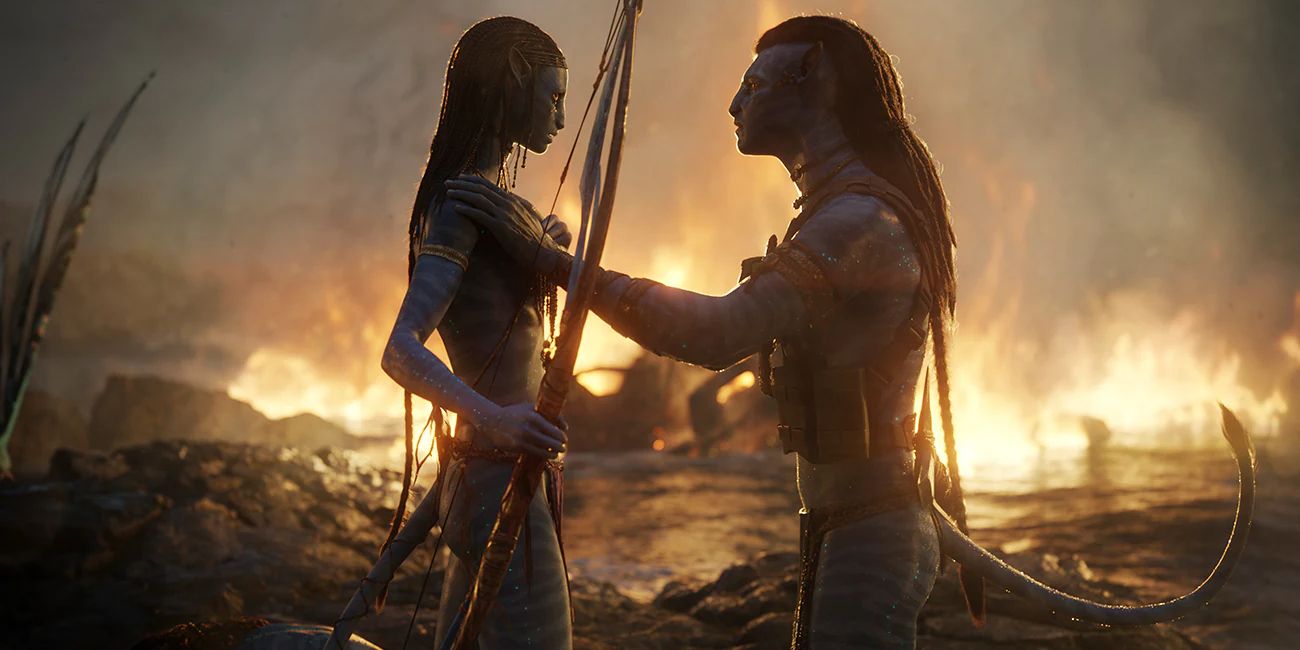 Jake Sully, played by Sam Worthington, and Neytiri, played by Zoe Saldana, in a battle scene from Avatar: The Way of the Water