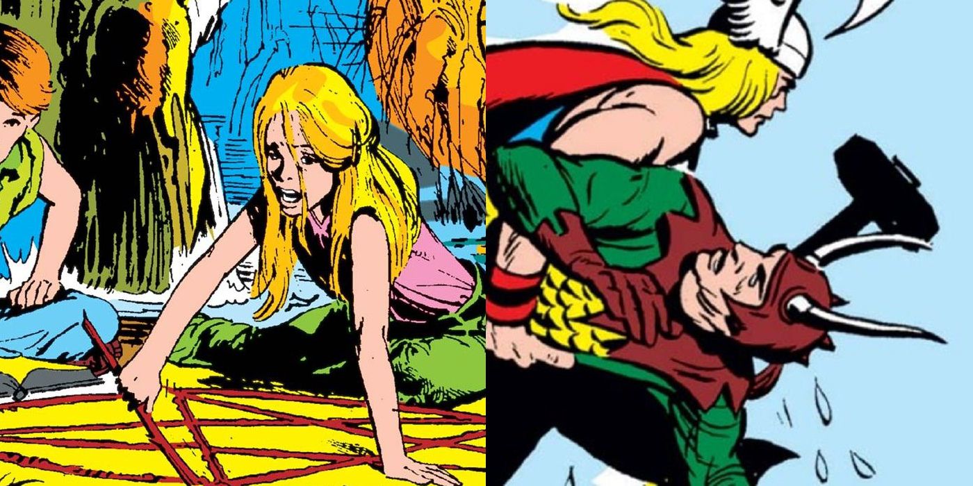 young blonde woman making a pentagram on the ground with Thor carrying Loki collage