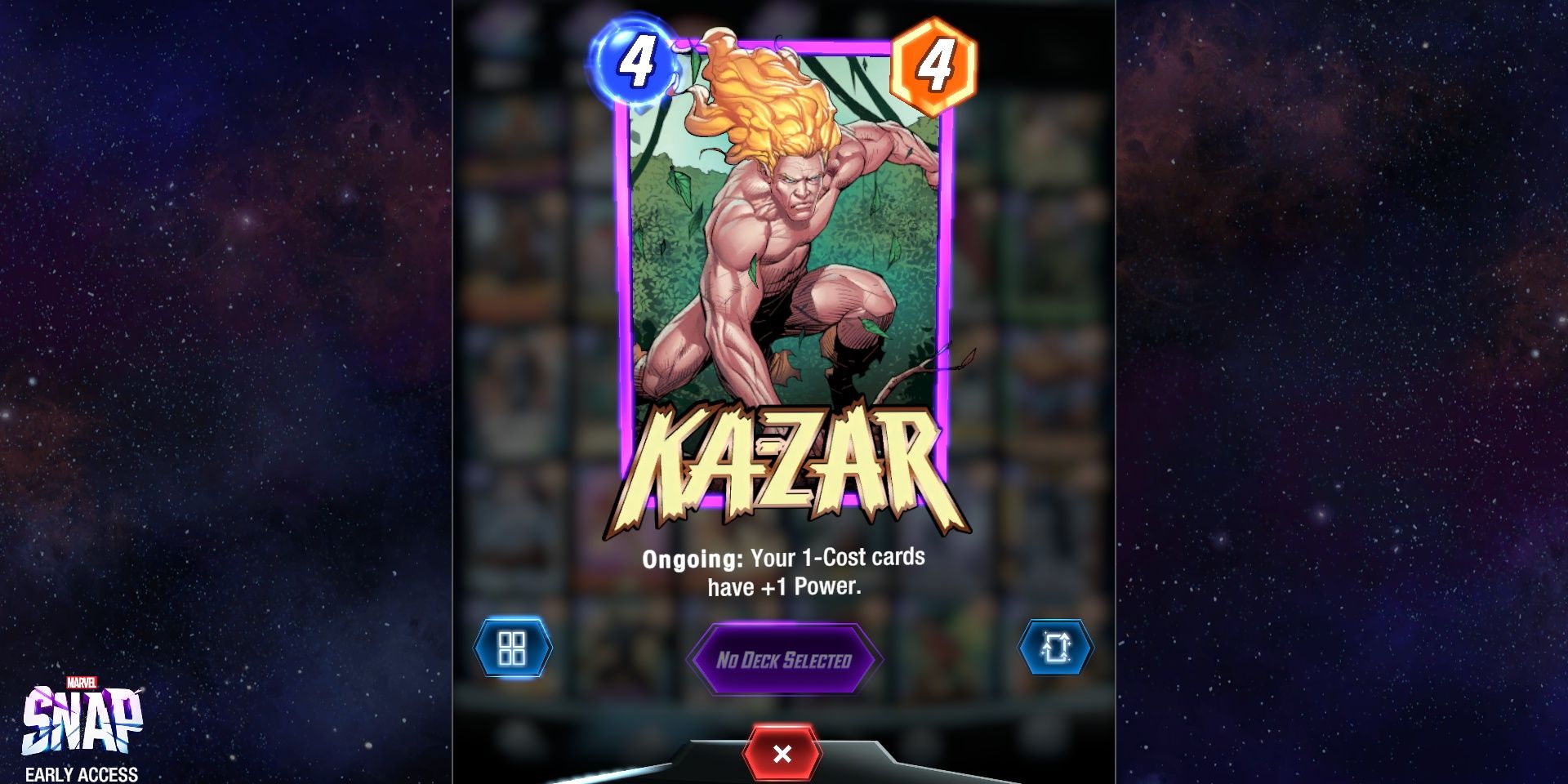 The Ka-Zar card in Marvel Snap on top of promotional art in a split image