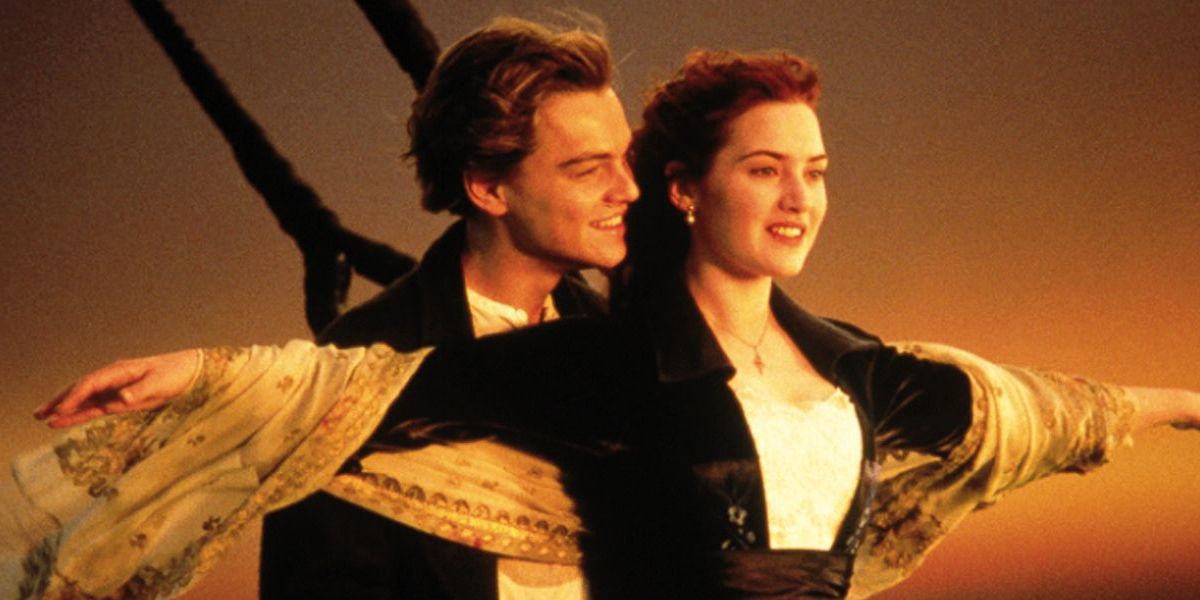 Kate Winslet and Leonardo DiCaprio perform the iconic "flying" scene in Titanic