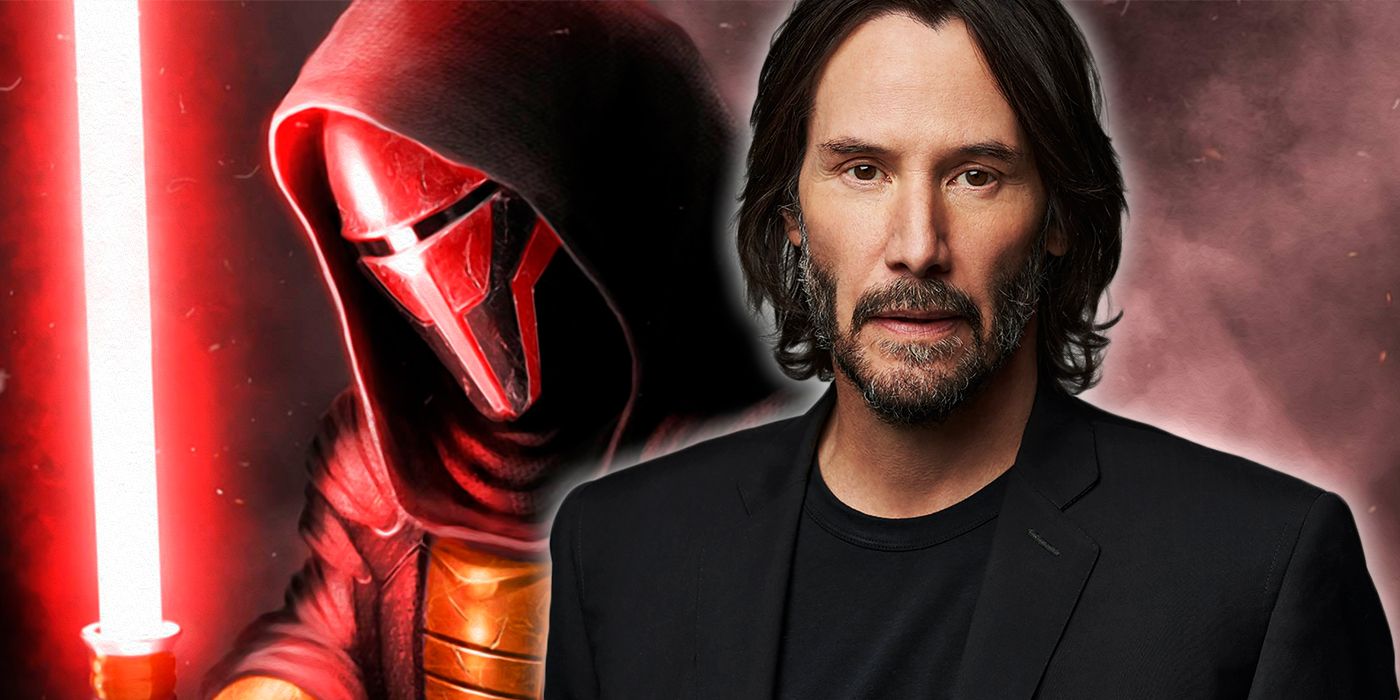 Keanu Reeves in a black suit in front of an image of Star Wars' Darth Revan
