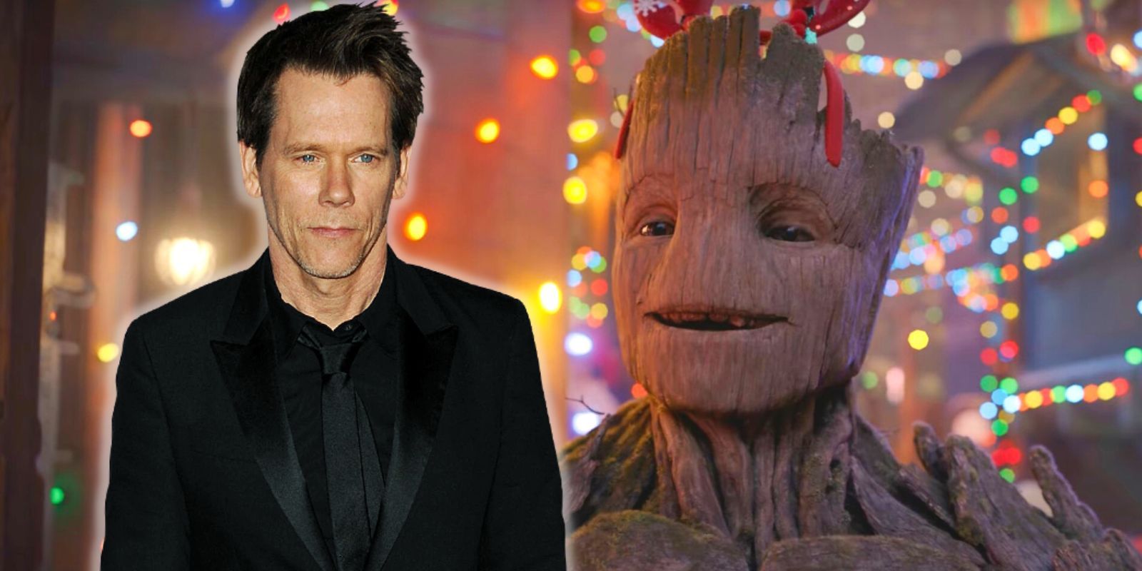 Kevin Bacon in a black suit standing alongside a bemused Groot 