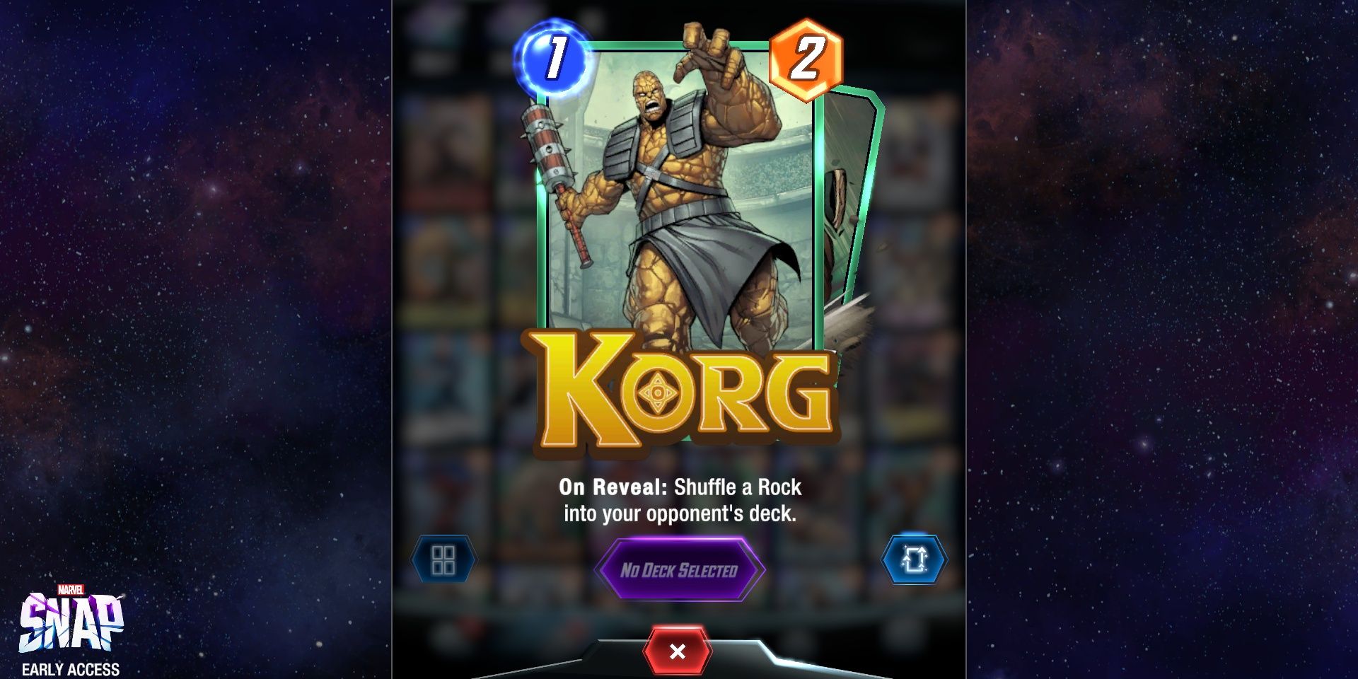 Korg's card in Marvel Snap in front of a starry sky.