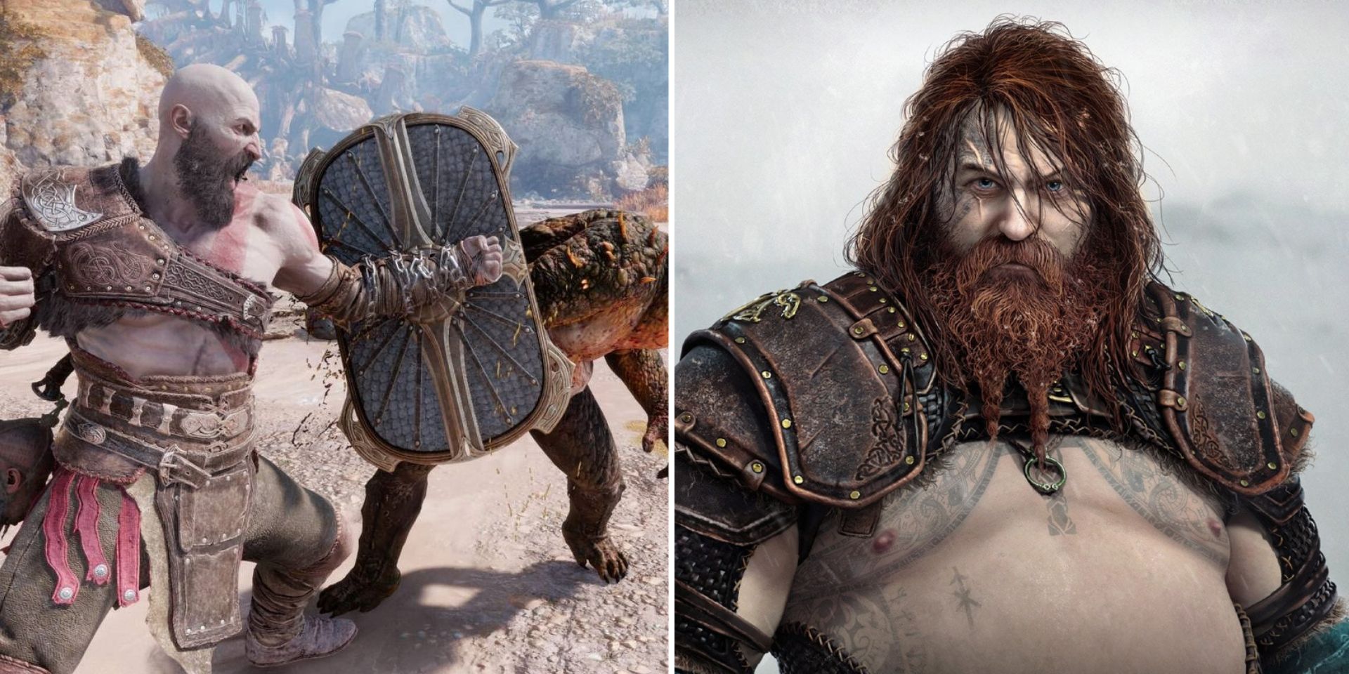 Kratos Shield bashing an enemy and concept art for Thor in God of War Ragnarok