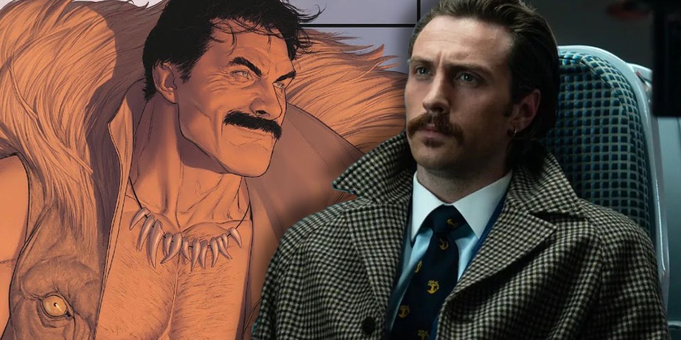 Aaron Taylor-Johnson from Bullet Train next to an image of Kraven the Hunter from Marvel Comics.