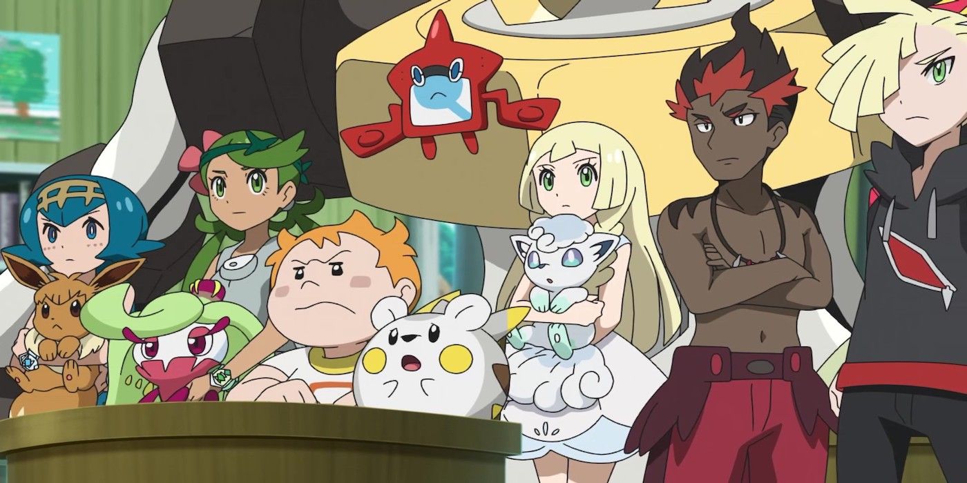 Lana, Mallow, Sophocles, Lillie, Kiawe, and Gladion watch the Masters Eight Finals in Pokémon Journeys