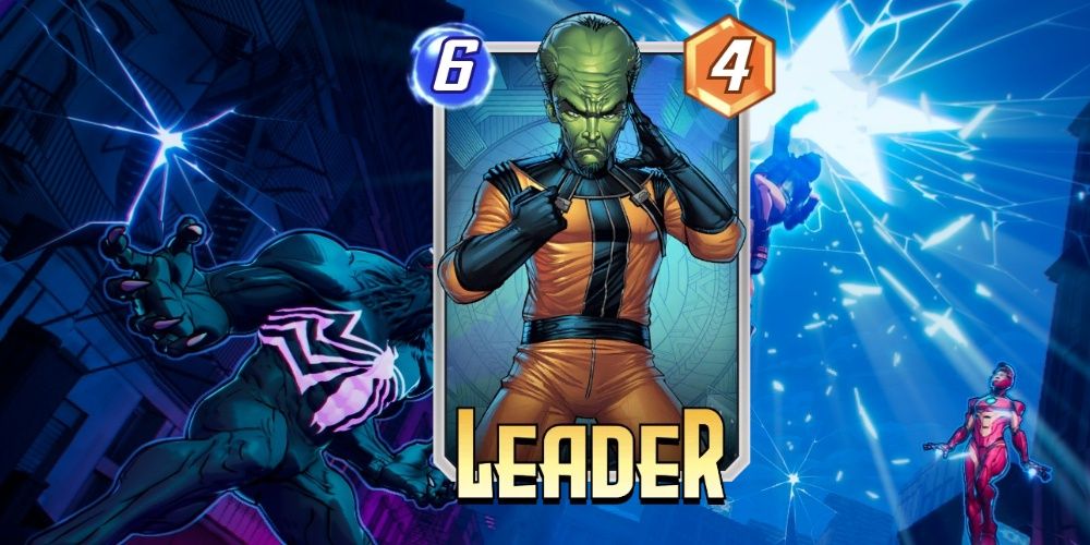 The Leader card in Marvel Snap on top of promotional art for the game