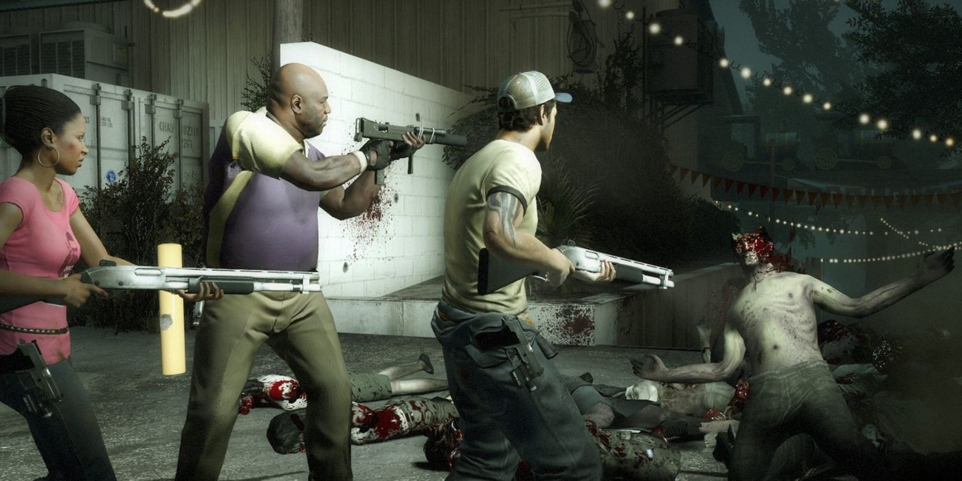 Rochelle, Coach and Ellis shooting a zombie in Left 4 Dead 2 game