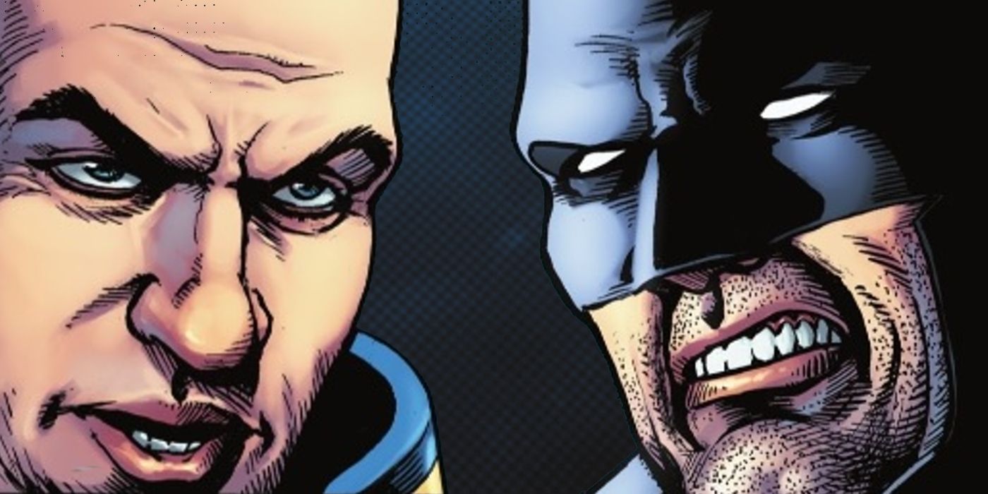 Lex Luthor and Batman looking angrily at each other