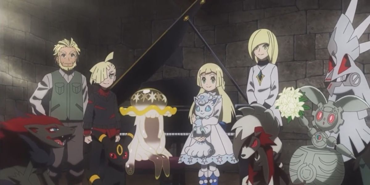 A shot of Lillie, Gladion, Lusamine, Mohn, and all their Pokémon at the end of Episode 111 of Pokémon Journeys.