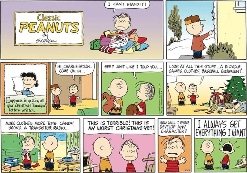 Linus hates getting what he wants for Christmas in Peanuts
