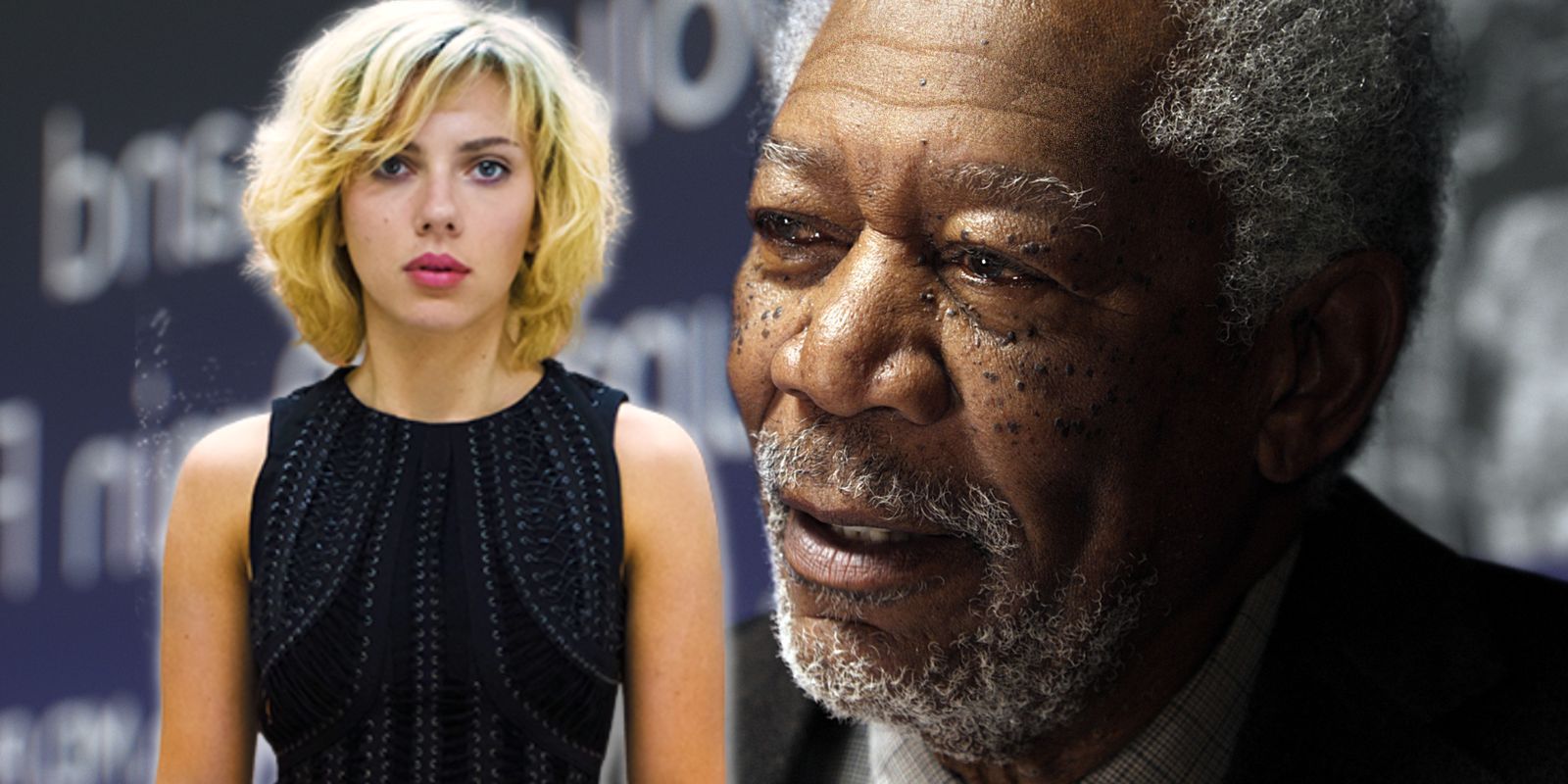 Scarlett Johansson as Lucy standing next to a quizzical Morgan Freeman