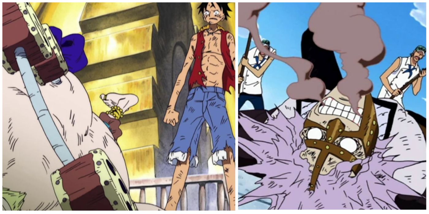 Luffy versus Eneru, Robin breaks Spandam's spine One Piece split image