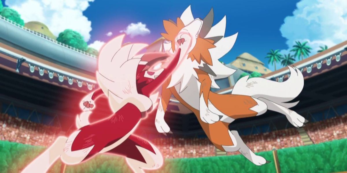 Ash's Lycanroc using Counter against Gladion's Lycanroc in the Pokemon anime