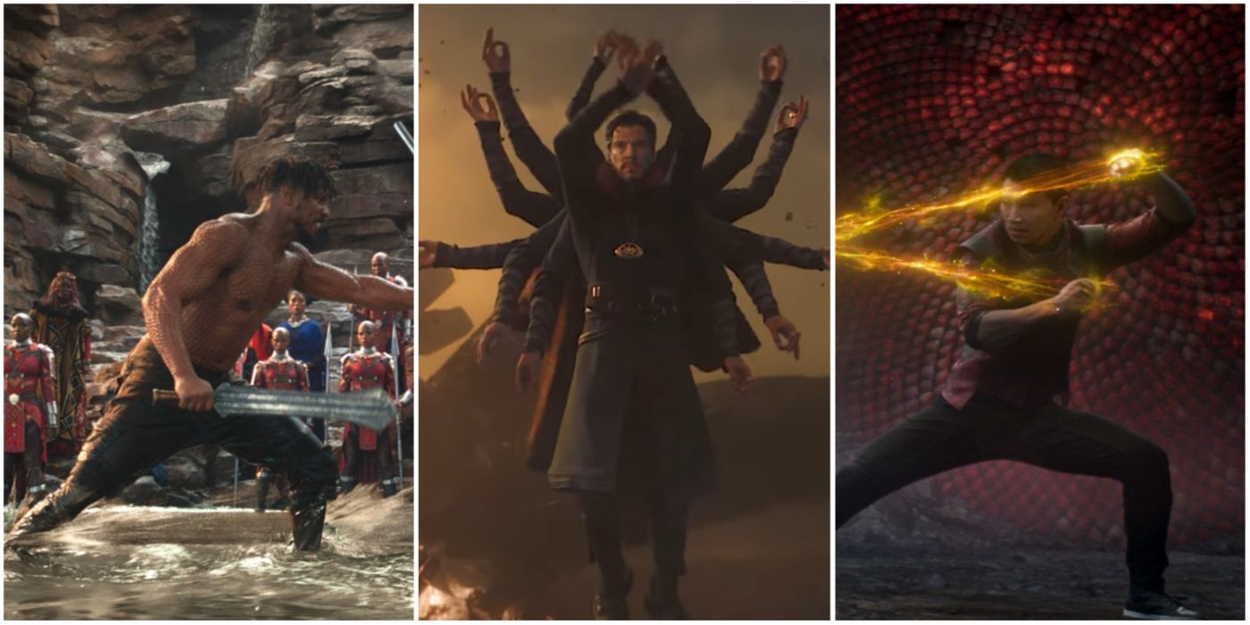 A split image showing Killmonger in Black Panther, Doctor Strange in Avengers: Infinity War, and Shang-Chi in Shang-Chi and the Legend of the Ten Rings