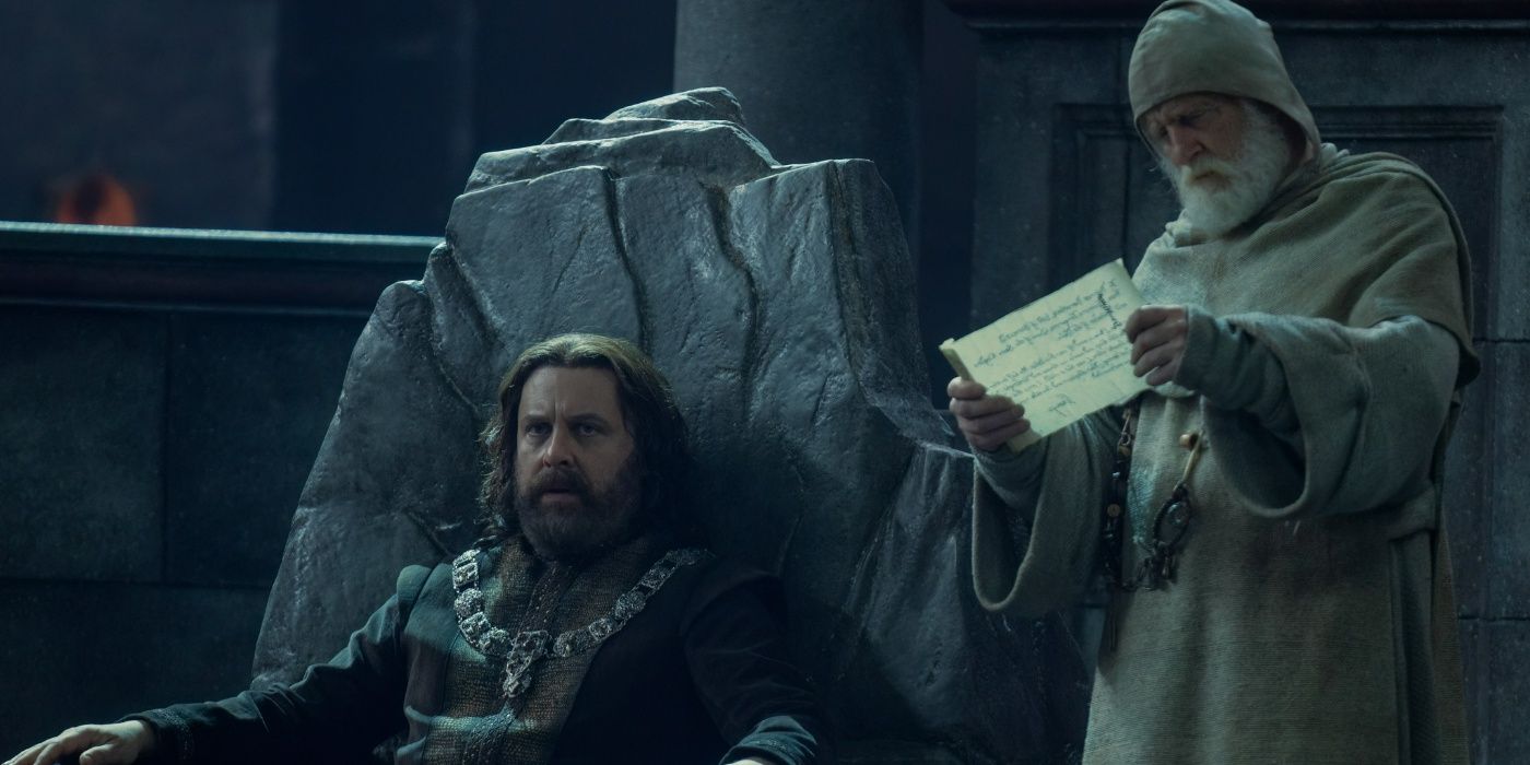 Borros Baratheon's maester reads a message for him in House of the Dragon