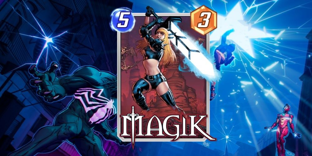 The Magik card in Marvel Snap on top of promotional art for the game