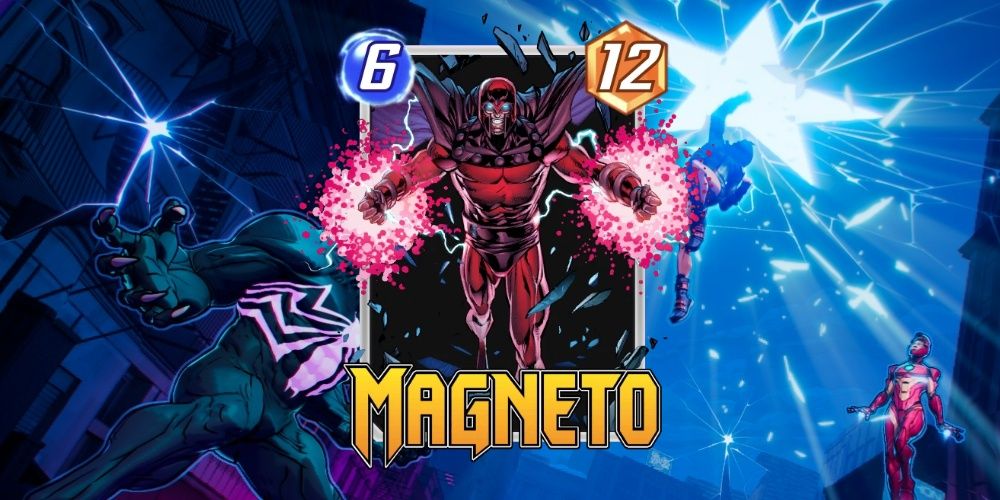 The Magneto card in Marvel Snap on top of promotional art for the game