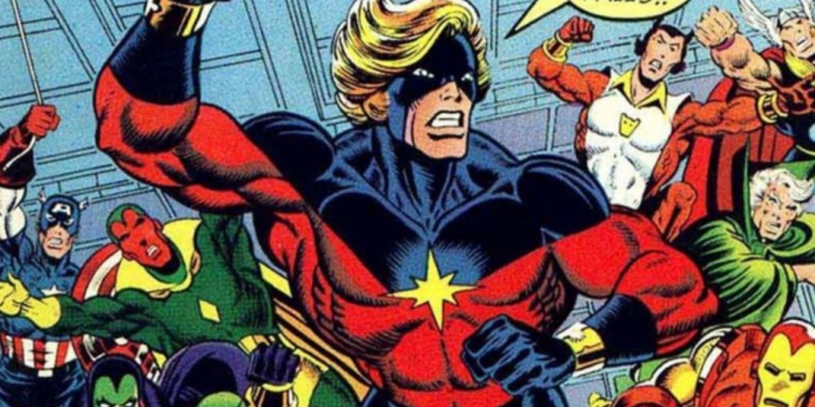 Mar-Vell, aka, Captain Marvel leads the Avengers into battle in Marvel Comics
