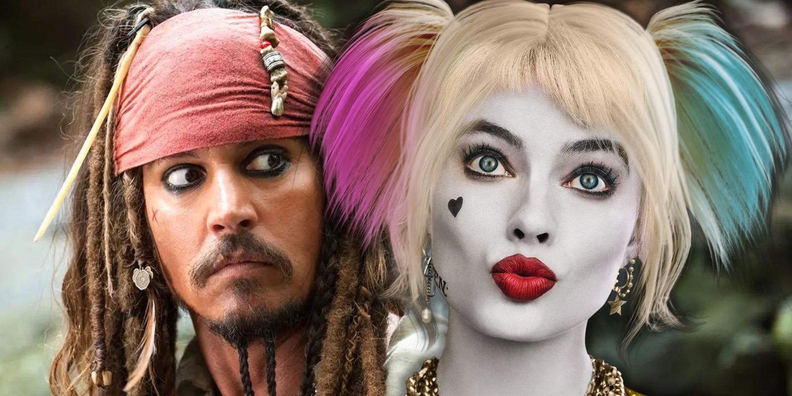 Jack Sparrow looking worriedly at an amused Harley Quinn 