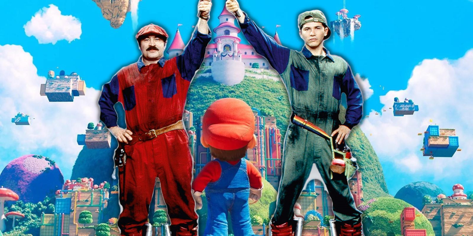 The original live-action Super Mario Bros. standing over a poster for the animated Super Mario Bros. movie