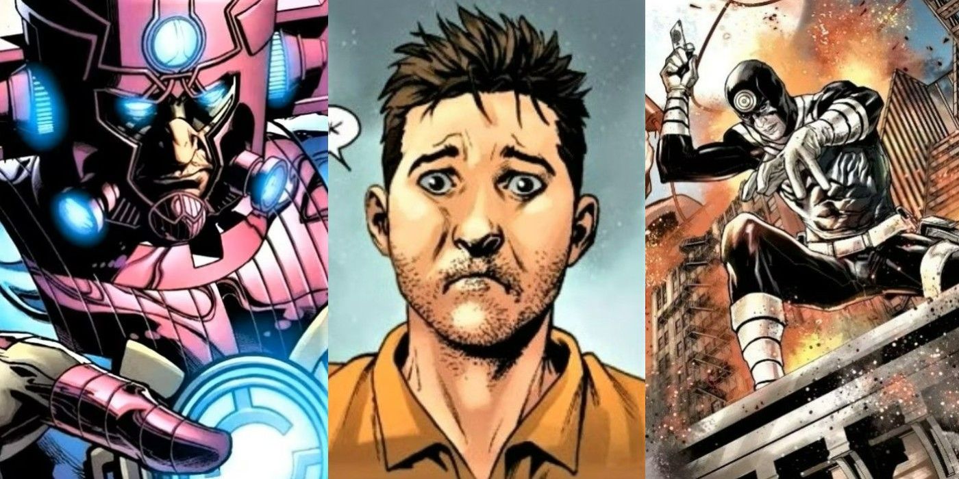 A split image of Marvel comics characters Galactus, Barf, and Bullseye