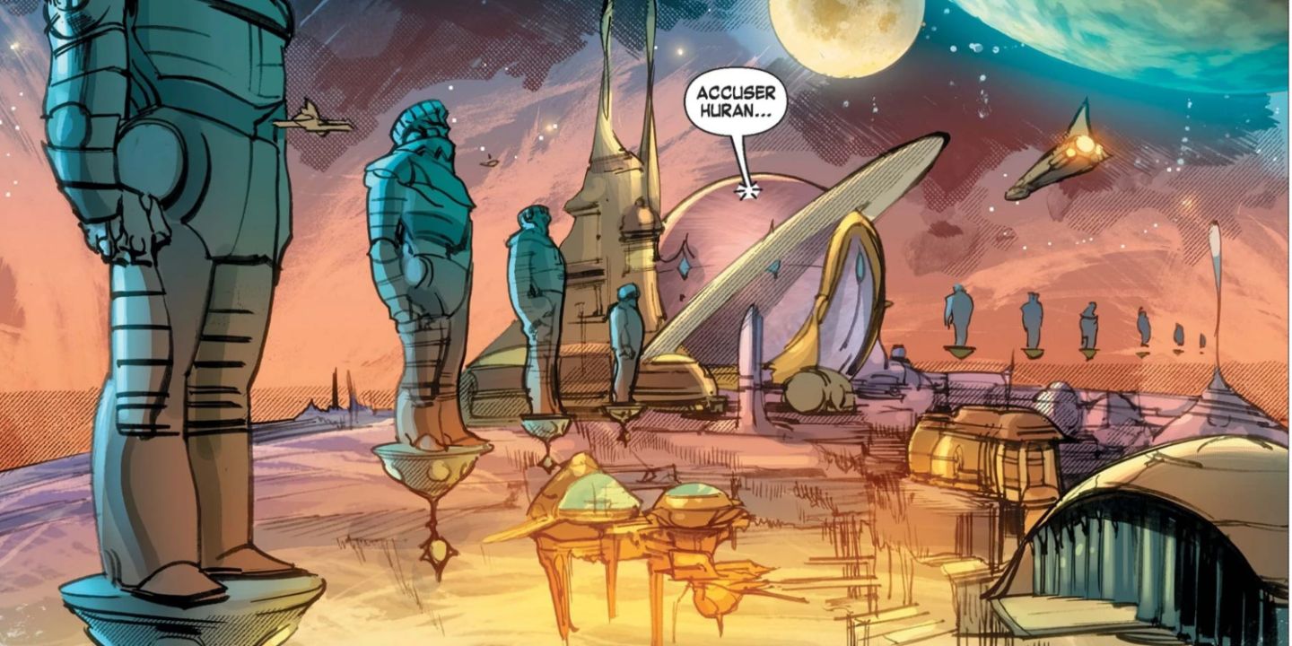 A wide panel depicting Hala in the Marvel Comics