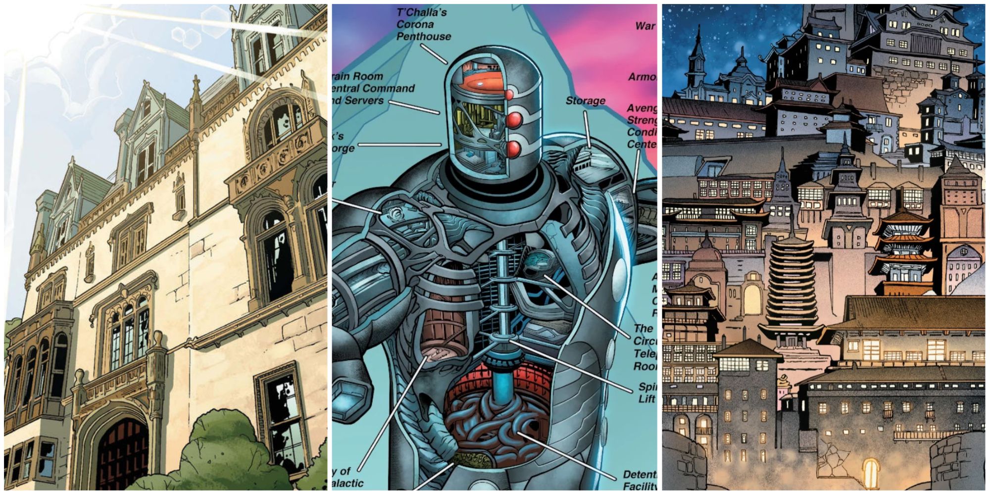 A split image of the Avengers Mansion, cross-section of Avengers Mountain, and Kun-Lun in Marvel Comics